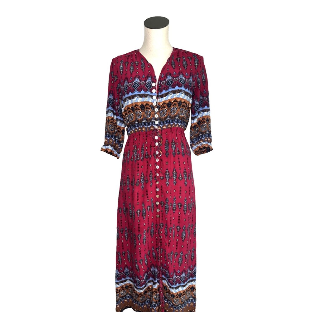 Boho Style Button Front Maxi Flowy Full Length Dress Tie Waist Size Medium